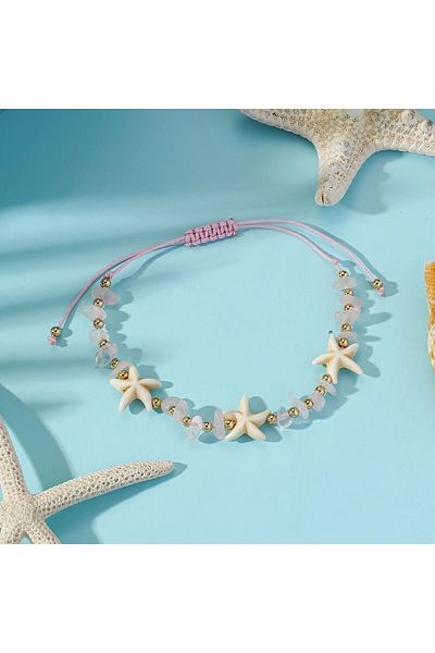 Stoneday Cream Starry Rope Anklet with Pink Quartz and Natural Stone Detail