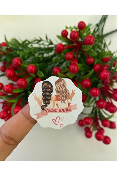 Bride Team Dalgalı Şekil Iki Kız Tasarımlı Beyaz Mat Kağıt Yapışkanlı Sticker Etiket- 14 Adet-5x5cm