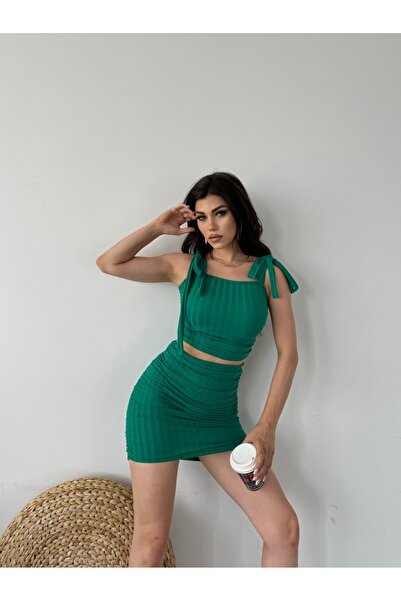 Fav Style Green Crop Blouse and Mini Skirt Set - Gathered with Lace Detail