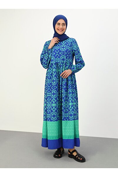 Benin Ethnic Patterned Natural Fabric Hijab Dress - Saxe Green Patterned - Benin
