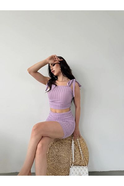 Fav Style Lilac Crop Blouse and Mini Skirt Set - Lace Detailed Gathered