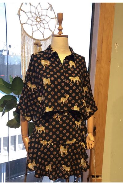 St boutique Bağlama Detaylı Şort Etek Gömlek Takım