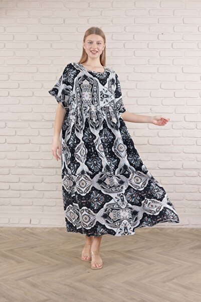 mervemoda Women's large size short-sleeved summer woven viscose print dress
