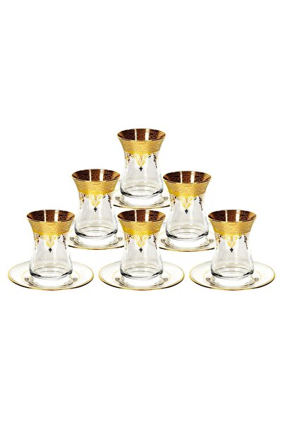 Paşabahçe Altın Yaldızlı Çay Bardağı, Seti, 12 Parça, Ajda, 12 Ayar Altın