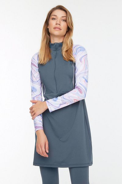 Trendyol Modest Graues, langärmliges Surf-Performance-4-teiliges Badeanzug-Set TCTSS22CF0021