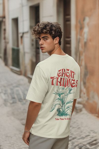Trendyol Collection Πιο βιώσιμο βαμβακερό μπλουζάκι με στάμπα χρώματος πέτρας Oversize - TMNSS24TS00174