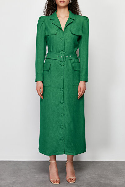 Trendyol Modest Φόρεμα υφασμένο πουκάμισο από λινό με ζώνη χακί TCTSS24EB00017