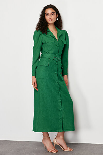Trendyol Modest Φόρεμα υφασμένο πουκάμισο από λινό με ζώνη χακί TCTSS24EB00017