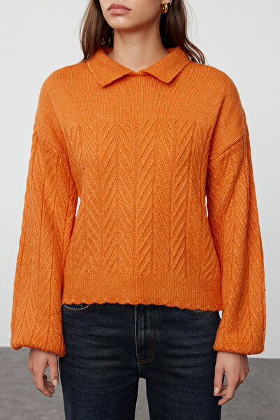 Trendyol Collection Orange Wide Fit Soft Textured Hair Braided Knitwear Sweatshirt TWOAW22KZ1620