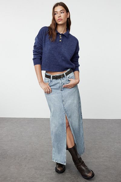 Trendyol Collection Pulover din tricotaje de bază cu textura moale Indigo TWOAW23KZ00074