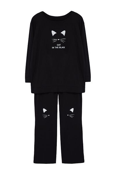 Trendyol Curve Knitted Black Cat Printed Pajamas Set - 2 Thread TBBAW25AI00004