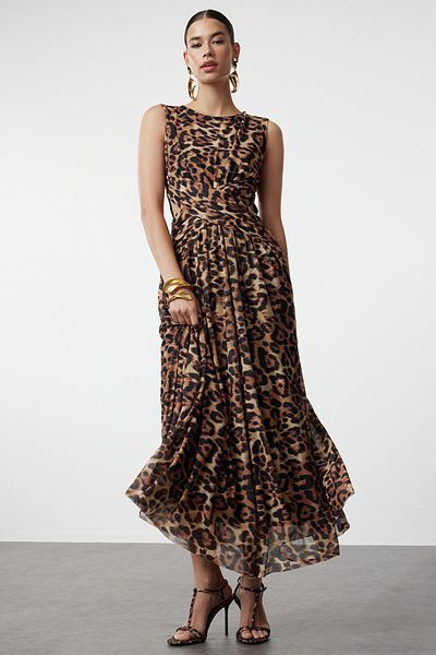 Trendyol Collection Vícebarevné leopardí vzor A-Line Tylové stylové večerní šaty TPRSS24EL00022