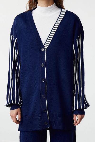 Trendyol Modest Navy Blue Balloon Sleeve Knitwear Cardigan and Trousers Set - TCTAW25US00007