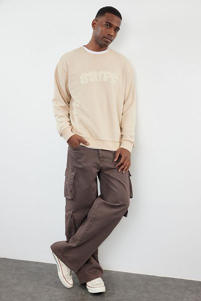 Trendyol Collection Μπεζ Oversize/Wide Cut ανάγλυφο εμπριμέ φούτερ χωρίς ασημί TMNAW25SW00046