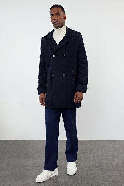 Trendyol Collection Férfi téli sötétkék gyapjú kevert bélyegkabát - normál szabású TMNAW25KB00003
