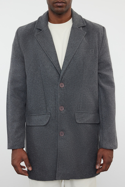 Trendyol Collection Pánský zimní antracitový kabát s příměsí vlny TMNAW25KB00000