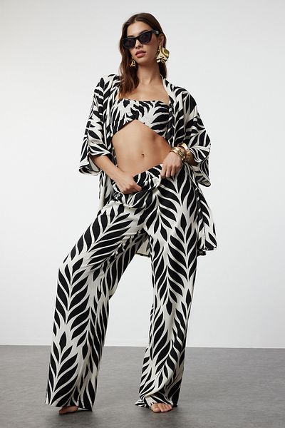 Trendyol Collection Trópusi mintás szőtt 3 részes kimonó nadrág strandruha TBESS24AU00081