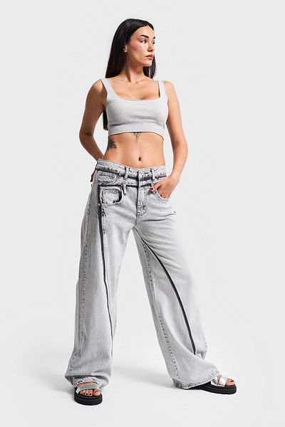 its basic Gray Smoke Colored Stripe Detailed Palazzo Denim Women's Trousers