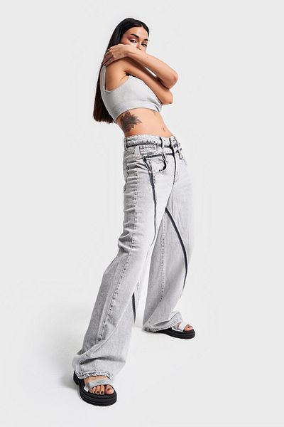 its basic Gray Smoke Colored Stripe Detailed Palazzo Denim Women's Trousers