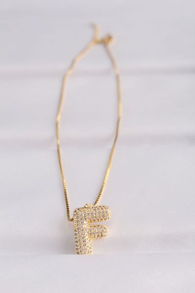Moka Shopin 316L Gold Color Bubble Necklace with Zircon Stone - Letter F