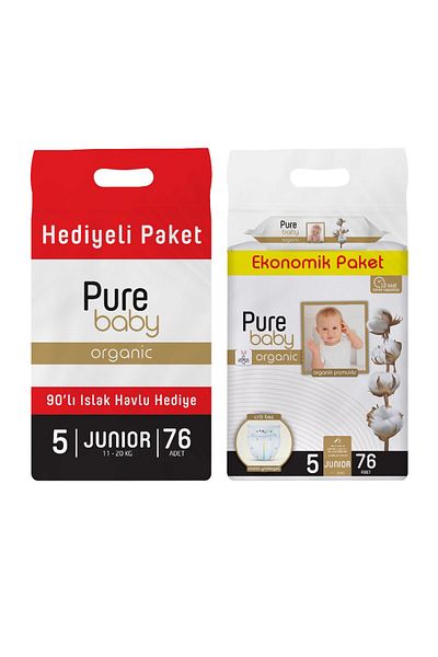 Pure Baby Size 5 Junior Organic Cotton Wet Towels - 76 Pieces, 90 Sheets