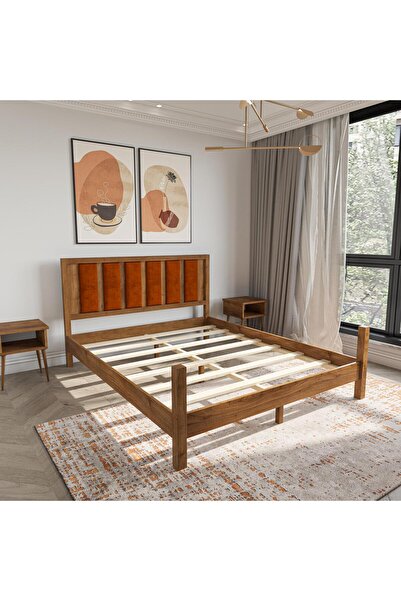 RENAZZO Orion Model Kiremit Renk Puflu Başlıklı Ceviz Renk Çam Ahşap Karyola ...