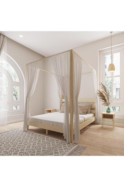 RENAZZO Natura Model Cibindirik Askılıklı Vernikli Çam Ahşap Karyola Ve Iki Komodin Set