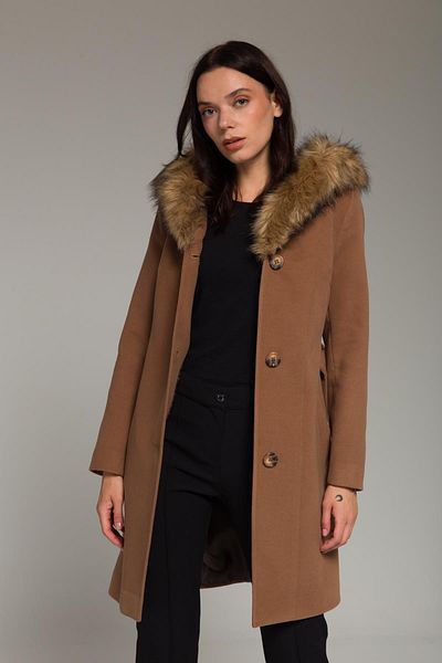 Olcay Mantel aus festem Shearling mit Knopfverschluss und Kapuze, Braun 3758