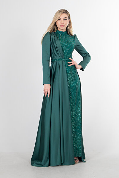 Feminist İç Kısmı Simli Saten Abiye Zümrüt 6502431