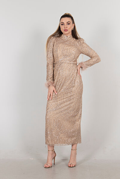 Feminist Kol Ucu Tüylü Simli Abiye Gold 6502438