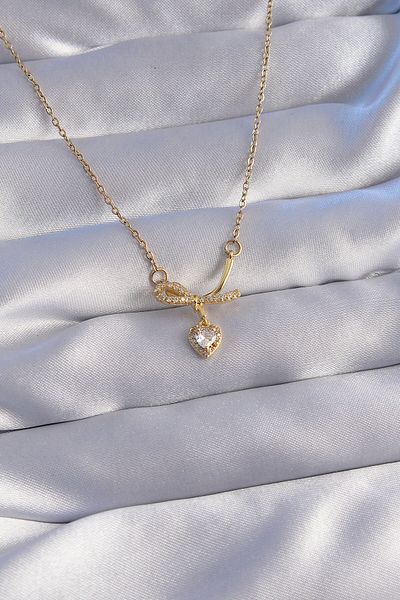 Moka Shopin Gold Colored 316L Heart Necklace - Zircon Stone and Half Bow