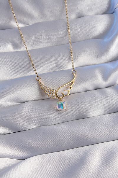 Moka Shopin Gold Colored 316L Steel Chain - Blue Zircon Stone Angel Necklace