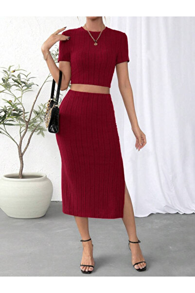Moka Shopin Women's Crew Neck Crop Top and Slit Ribbed Midi Skirt - Double Set