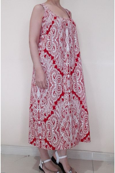 Mertcan Butik Red and White Patterned Combed Cotton Dress with Gathered Front and Back