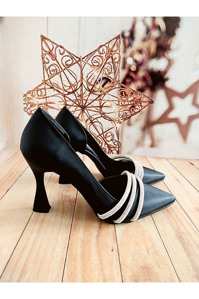 Modavien Pantofi de seara din satin de 9 cm negri cu pietre 350