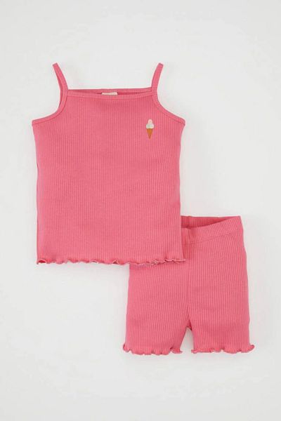 DeFacto Printed Ribbed Blouse and Shorts for Baby Girl - Set of 2