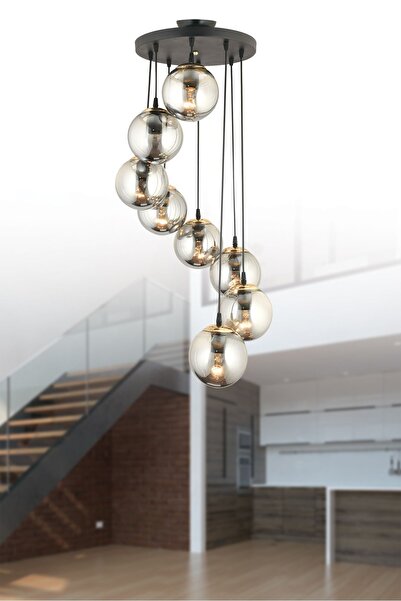 SONSUZ AYDINLATMA&AVİZE Sonsuz Sarkıt Tepsi Siyah 8'li Füme Glop Camlı Lüks A...