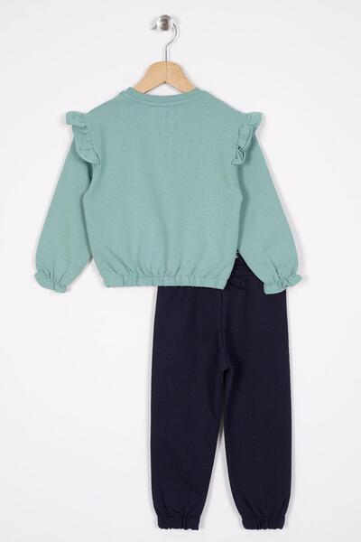 zepkids Παντελόνι με μακρύ μανίκι Crew Neck με λεπτομέρεια ραφής Mint Navy Blue Color Girl's Tracksuit Suit