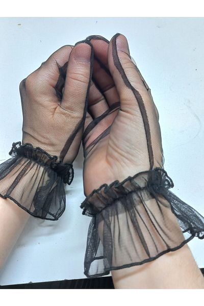 es moda shop قفازات الزفاف من التول المكشكش من Meifen باللون الأسود