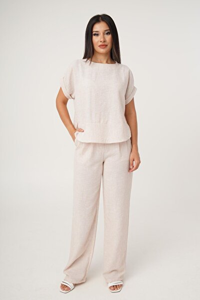 Hipo Trend Bež Lan set - bluza i pantalone kratkih rukava