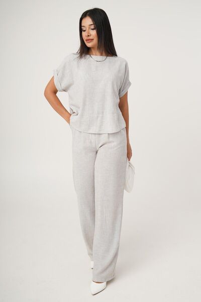 Hipo Trend طقم بلوزة وبنطلون كتان بلون الحجر - كم قصير