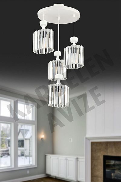 SONSUZ AYDINLATMA&AVİZE Kardelen White 4-Piece Pendant Lamp Crystal Stone Downward Facing Luxury Chandelier