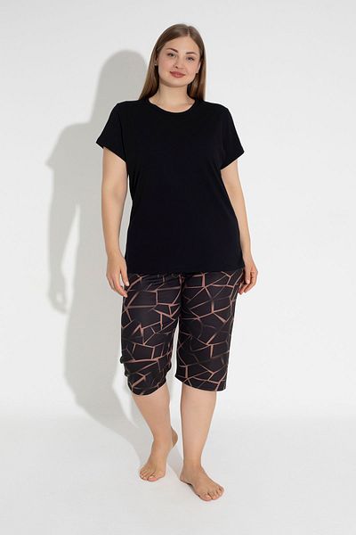 MyBen Geometric Printed Black Large Size Capri Pajamas Set - Short Sleeve, Comfortable Fit 30004
