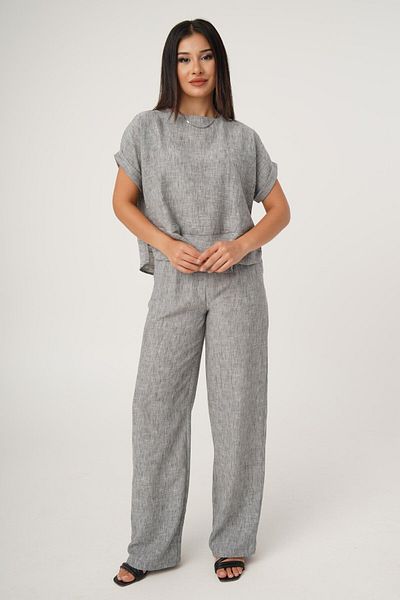Hipo Trend Anthracite Linen Set - Short Sleeve Blouse and Trousers