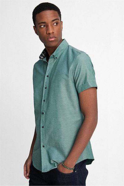 Tudors Ανδρικό βαμβακερό μπλουζάκι Oxford Green Slim Fit - Easy Iron, κοντό μανίκι, γιακάς με κουμπιά