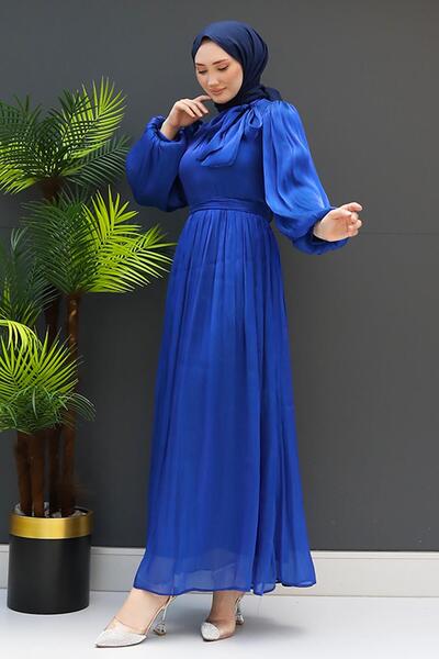 GİZ AGİYİM Νυχτερινό Μπλε Μεταξωτό Φόρεμα - Κολάρα