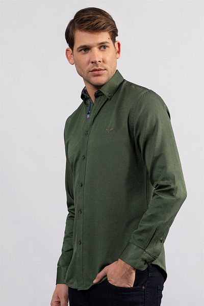 Tudors Ανδρικό μπλουζάκι Oxford Cotton Slim Fit - Μακρυμάνικο, Πράσινο Γιακά με Κουμπί, Εύκολο σιδέρωμα