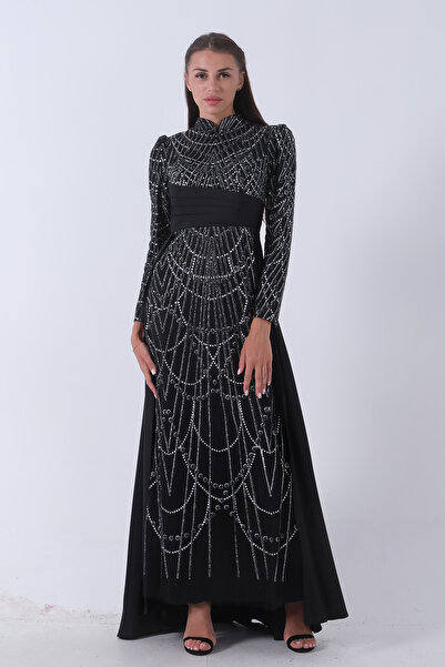 Feminist Black Hijab Evening Dress - With Glitter Embroidery and Sash Detail6502465
