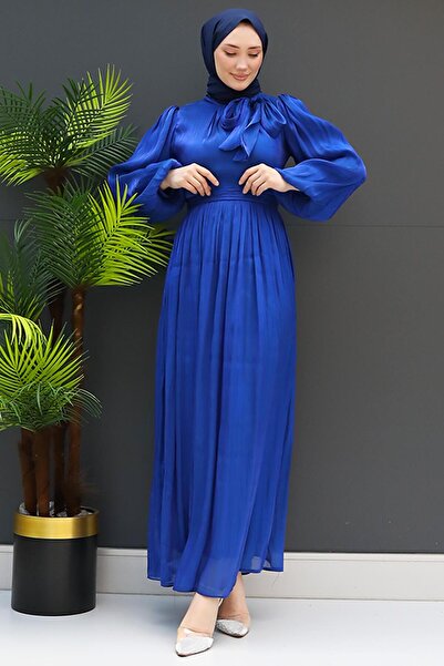 GİZ AGİYİM Νυχτερινό Μπλε Μεταξωτό Φόρεμα - Κολάρα