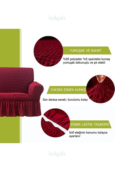 IYDGAH Burgundy Colored 3-Piece Lycra Seat Cover - Elastic Burumcuk Couch Sofa Bed Cover 1 Piece